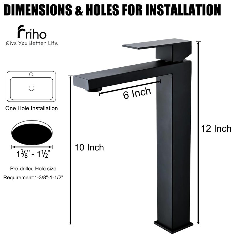 Friho Single Handle Matte Black Tall Bathroom Vessel Sink Faucet, Modern Vanity Basin Mixer Tap Bathroom Sink Faucet with Drain Pop up&Water Hoses, FRDC17914B - Image 2